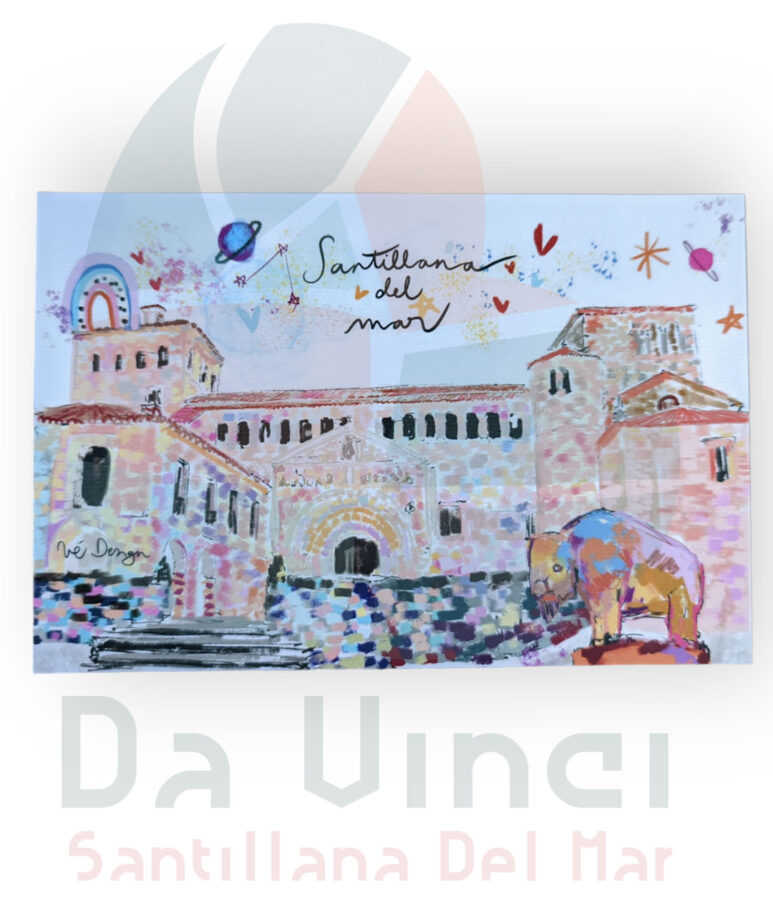 Postal Colegiata Santillana del Mar y bisonte Jesús Otero
