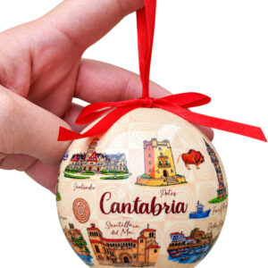 Bola de Navidad de Cantabria de 8 cm con ilustraciones de Santander, Potes y Santillana del Mar y lazo rojo