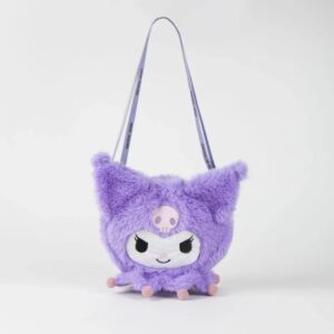 Bolso de peluche Kuromi lila con orejas grandes y calavera rosa de 17 × 14 cm
