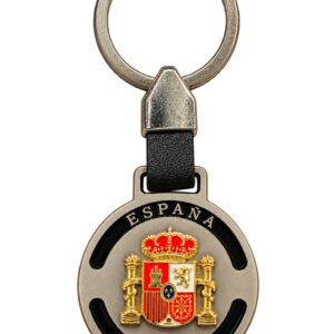 Llavero metálico circular con escudo de España en relieve y detalles dorados