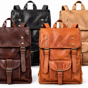 Cuatro mochilas de piel auténtica vintage con solapa y hebillas en negro, claro, almendra y marrón oscuro