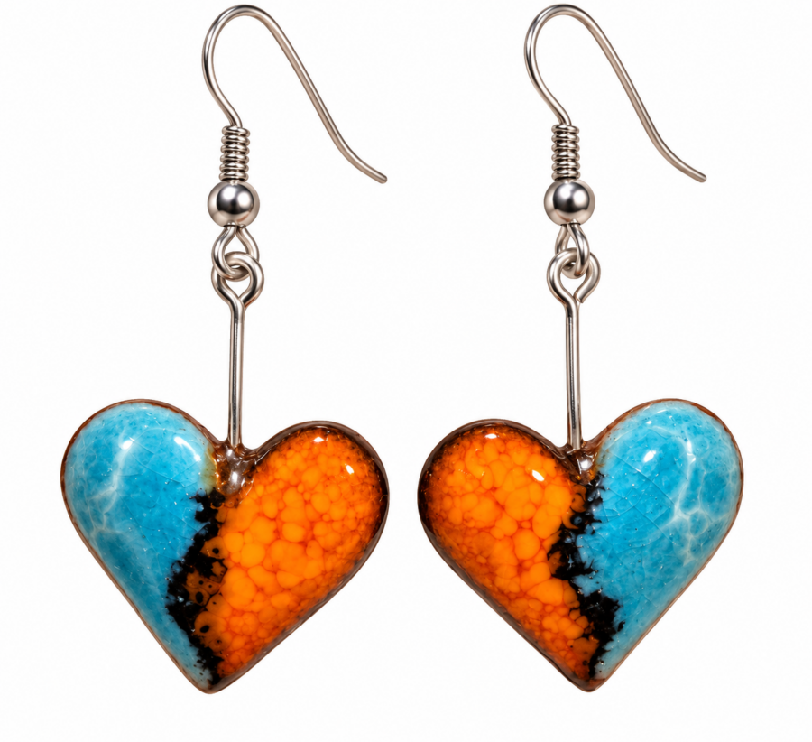 Pendientes de cerámica artesanal con forma de corazón amarillo anaranjado y azul, hechos en Santillana del Mar