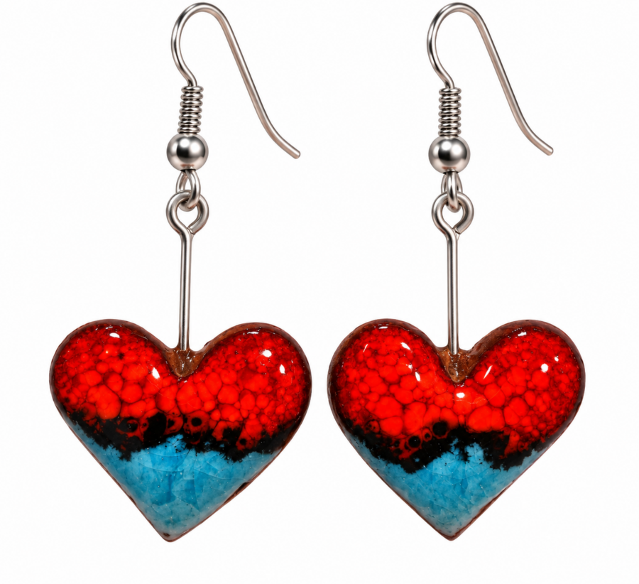 Pendientes de cerámica artesanal de corazón rojo y azul turquesa con gancho de acero