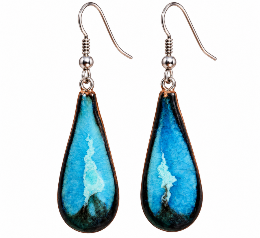Pendientes de cerámica artesanal con forma de lágrima azul turquesa y gancho de acero